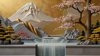 Volumetric stucco molding on a concrete wall with golden elements, Japanese landscape, waterfall, mountains, sakura.Ai Generated