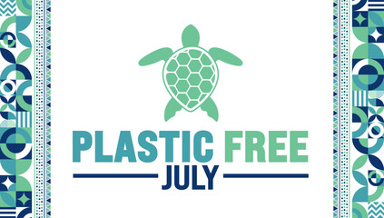July is Plastic Free July background template with turtle picture. use to background, banner, placard, card, and poster design template. A month for the environment with no plastic, no garbage in July