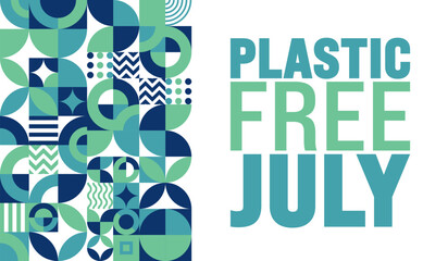 July is Plastic Free July geometric shape pattern background template with turtle picture. use to background, banner, placard, card, and poster design template. A month for the environment.