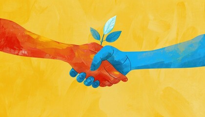 Obraz premium Connection with nature a business partnership emerges as two figures shake hands holding a plant and leaf