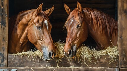 Fototapeta premium Portrait of two chestnut horses eating hay in a wooden stable