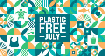 July is Plastic Free July geometric shape pattern background template with turtle picture. use to background, banner, placard, card, and poster design template. A month for the environment.
