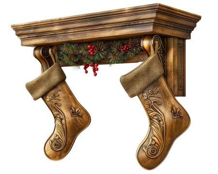 Two intricately carved wooden stockings hang from a mantle adorned with a festive evergreen garland.