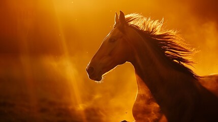 Profile of a horse galoping in orange dramatic light
