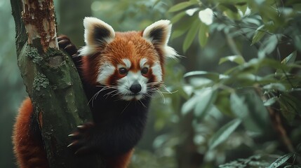 Red mini panda climbe on tree