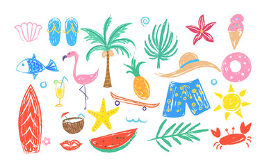 Crayon fun cute kid colorful doodle set badge, scribble line flower, flamingo. rainbow background. Hand drawn doodle sketch childish element set. beach summer vibe children draw style design elements