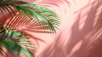 Blurred shadow from palm leaves on the light pink wall. Minimal abstract background for product presentation. Spring and summer.
