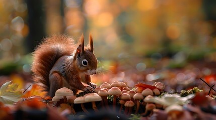 red squirrel searching for food between the mushrooms in autumn in the fores