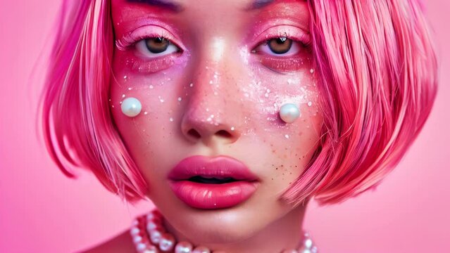 A young girl with pink bob hairstyle wearing iridescent makeup and pearls