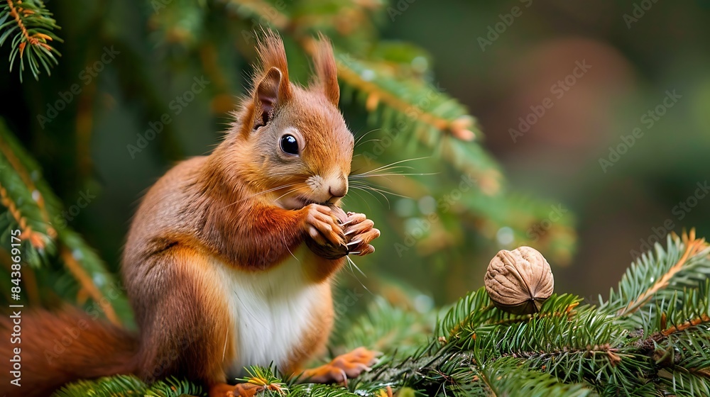 Poster red squirrel sitting on a spruce trunk with a walnut in its mouth