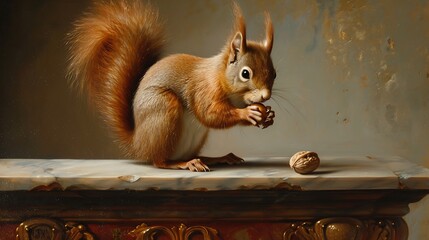red squirrel with walnut sitting on table