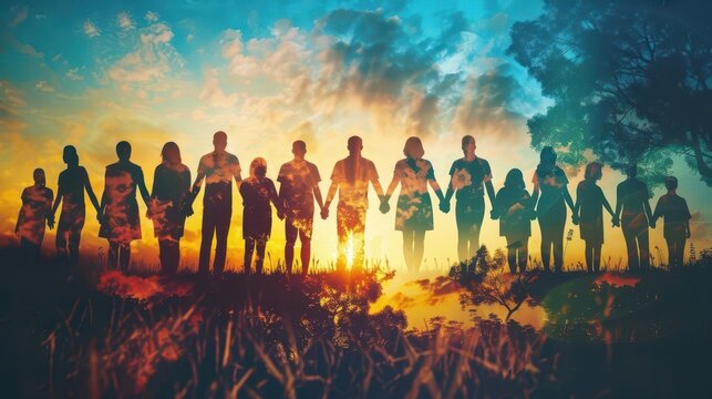 silhouetted figures of a diverse group of volunteers joining hands symbolizing unity compassion and the power of working together for a common cause double exposure photograph