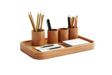 Wooden desktop organizer with pens, pencils and notepads.