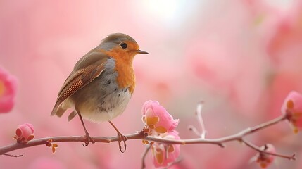 Robin on perch pink background