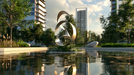 A 3D architectural logo rising from a reflective water surface, with a backdrop of a contemporary...