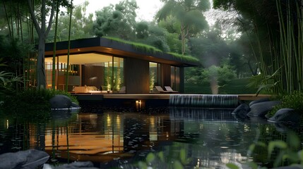 Fototapeta premium House in a cool and lush tropical forest, small lake in front, surrounded by bamboo trees and greenery