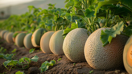 cantaloupe melons ripening in the sun on a sustainable farm, symbolizing organic agriculture.