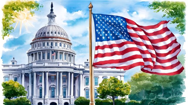 A stylized illustration of the US White House, American flag, Washington DC landmark, Flag and White House, clear blue sky, generated AI.