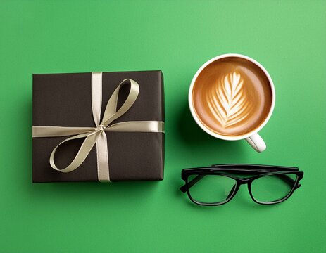 Happy Fathers Day banner template. Flat lay composition with gift box, glasses, coffee cup on green background. Top view with copy space.
