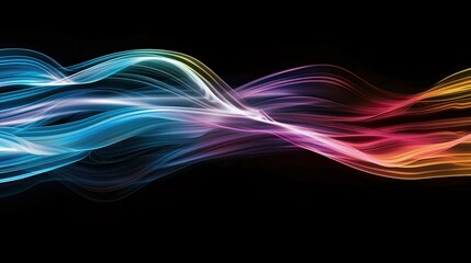 Abstract color ribbons, black background, neon filaments, optical fibers, fibers, abstract art style, and stripes 