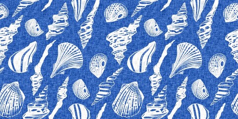 Azure blue white shell motif with linen seamless batik border background. Modern coastal beach cottage rustic shell block print home decor pattern design in sealife beach banner style. 