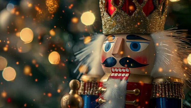 Nutcracker is sitting on tree with lot of snow