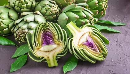 Healthy food - raw artichokes, green and purple. Vegetables background