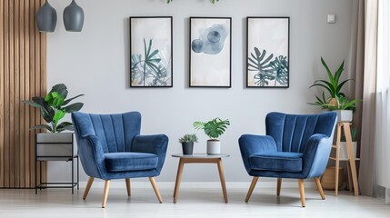 stylish blue armchairs in modern living room with grey table wooden posters and plants interior design photo