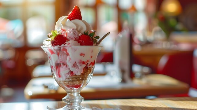 Strawberry ice cream sundae in parlor setting