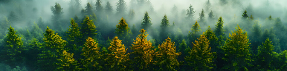 Fototapeta premium Misty landscape with fir forest in vintage style. There are mountain peaks in the distance
