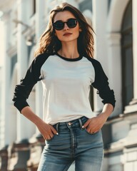 A woman wearing a white raglan shirt poses confidently in a city setting