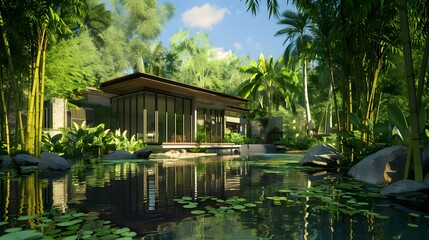 Fototapeta premium House in a cool and lush tropical forest, small lake in front, surrounded by bamboo trees and greenery