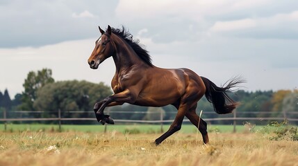 Thoroughbred wild horse running free in the field