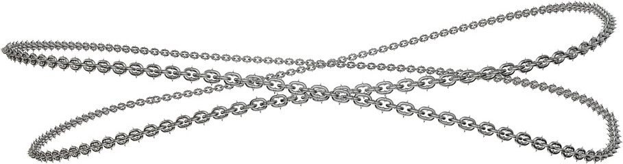 Geometric Chainwork: 3D Design. 3D render showcases a captivating geometric design: sharp-tipped metal chains forming precise circles (transparent PNG background).