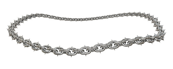 3D render features sharp-tipped metal chains, expertly interlocking to form a perfect circular frame, captured from a dynamic camera angle (transparent PNG background).