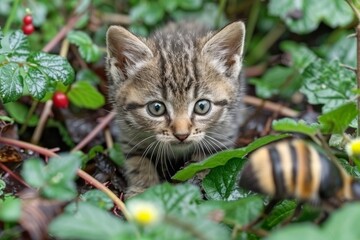 Tabby Kitten Hiding In Lush Green Foliage