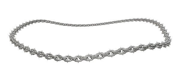 A dynamic perspective! This 3D illustration showcases sharp-tipped metal chains forming a perfect circular frame, viewed from an off-center camera angle 