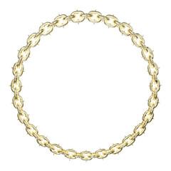 Textured Metal Circle: 3D Art Element.  3D illustration features a textured golden chain frame with sharp tips, forming a captivating perfect circle (transparent PNG). Add depth and texture to art