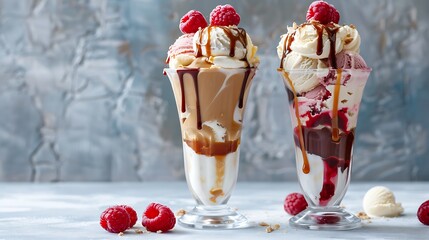 three ice cream sundaes in tall glasses caramel vanilla and raspberry
