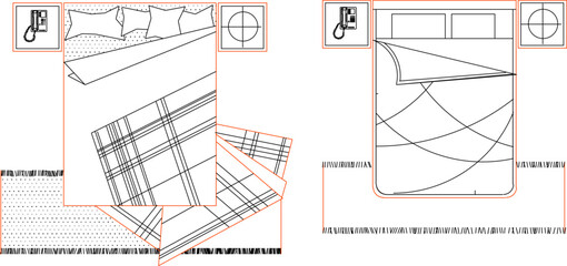 Vector silhouette illustration sketch of a detailed image of a bed design for a modern classic vintage bedroom interior
