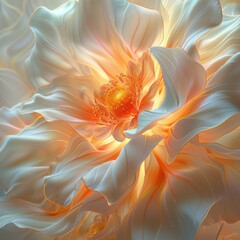 Obraz premium A breathtaking close-up of a flower with delicate, translucent petals and a radiant, glowing center, highlighted by intricate vein patterns and soft, ethereal light.