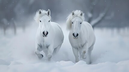 Two galloping white welsh ponies on snow field