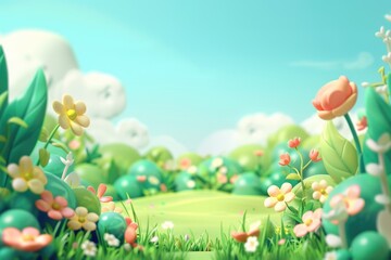 Whimsical 3D Cartoon Illustration of a Sunny Garden with Colorful Flowers - Ideal for Spring Designs, Posters, and Cards