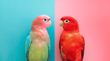 Two lovebird parrots sort out the relationship between themselves isolated on blue and pink background