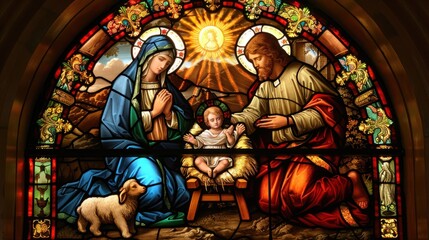 Vibrant stained glass depicting the Nativity scene with Jesus, Mary, Joseph, and three wise men.