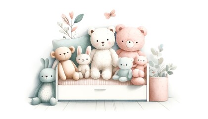 Adorable collection of stuffed animals arranged on a cozy bed with pastel bedding, creating a charming and warm atmosphere.