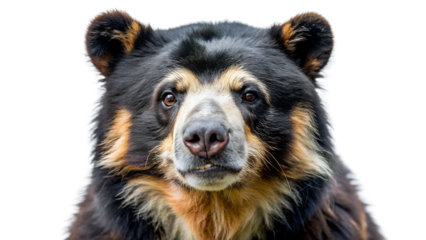 a close-up of a spectacled bear. The bear has distinctive black fur with lighter markings around its eyes, resembling spectacles