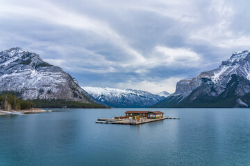 Lake Minnewanka cruise ticket office in early winter. Banff National Park, Canadian Rockies,...