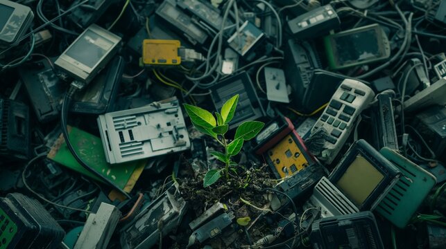 A plant is growing in a pile of electronic waste. Environmental concept