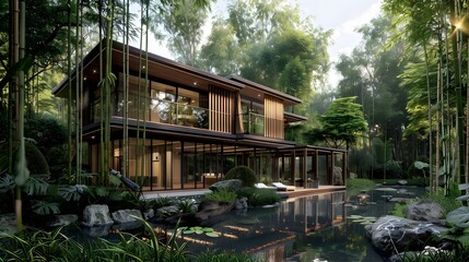 Obraz premium House in a cool and lush tropical forest, small lake in front, surrounded by bamboo trees and greenery